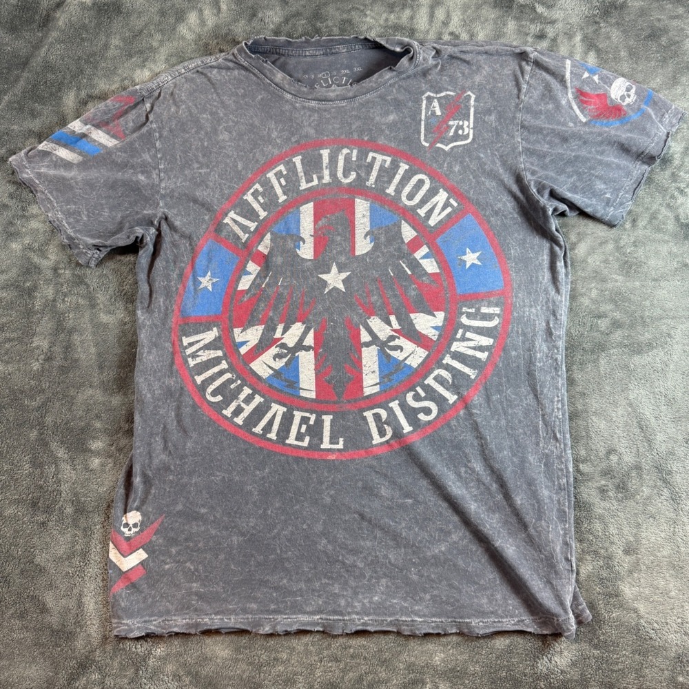 Y2K Affliction Mens Large MMA T Shirt Michael Bisping Gray Acid Wash Distressed